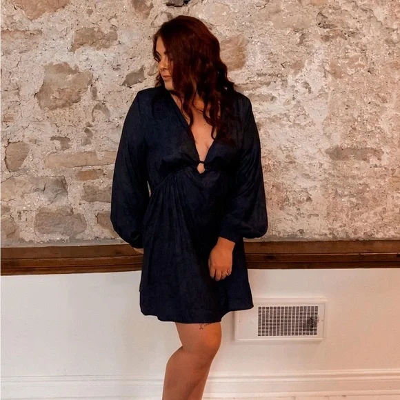Free People Deep V Navy Mini Dress with Balloon Sleeves - Picture 1 of 4